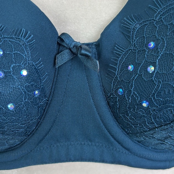 Cacique Blue Rhinestone Embellished Bra Lace Open Back Boho Balconette Sz 38D - Picture 3 of 11